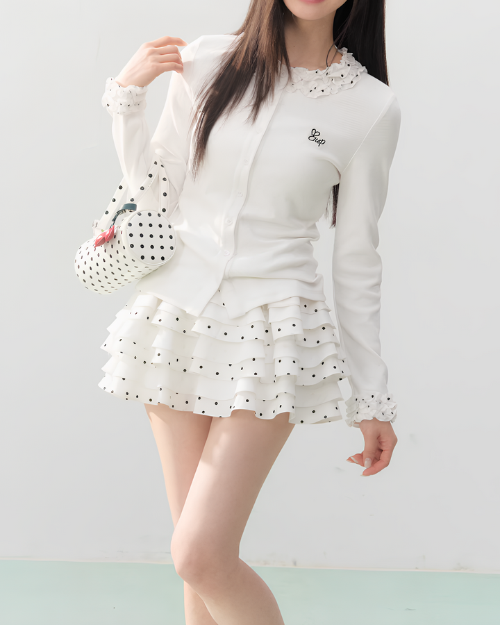 ドットフリルカラー ニットカーディガン Mc751