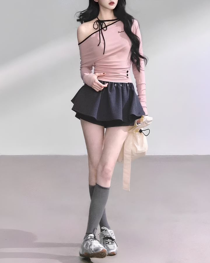 チョーカー風ドレープオフショルトップス Mc 765