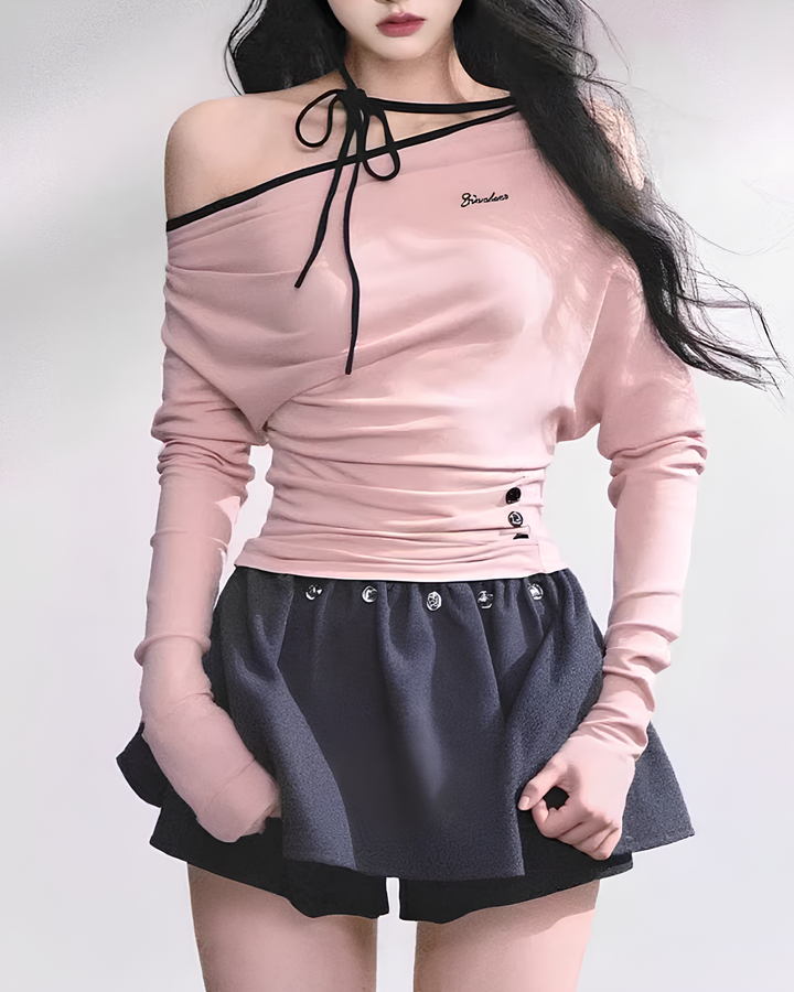 チョーカー風ドレープオフショルトップス Mc 765