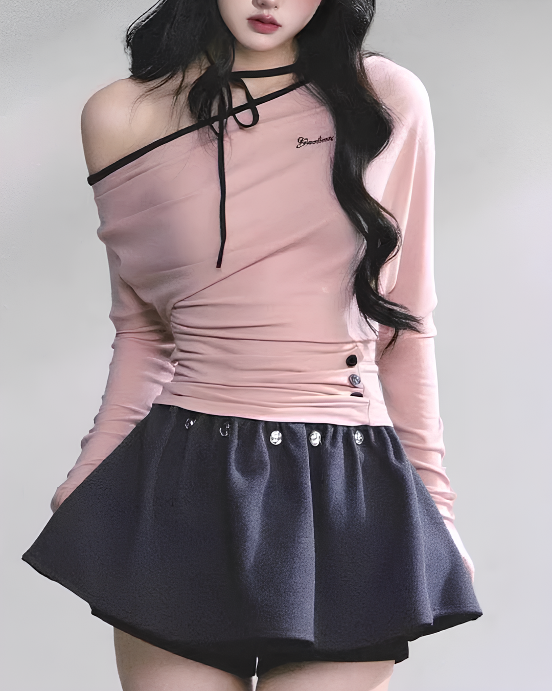 チョーカー風ドレープオフショルトップス Mc 765