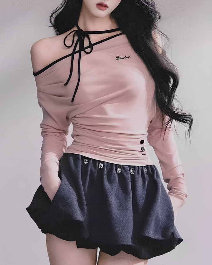 チョーカー風ドレープオフショルトップス Mc 765