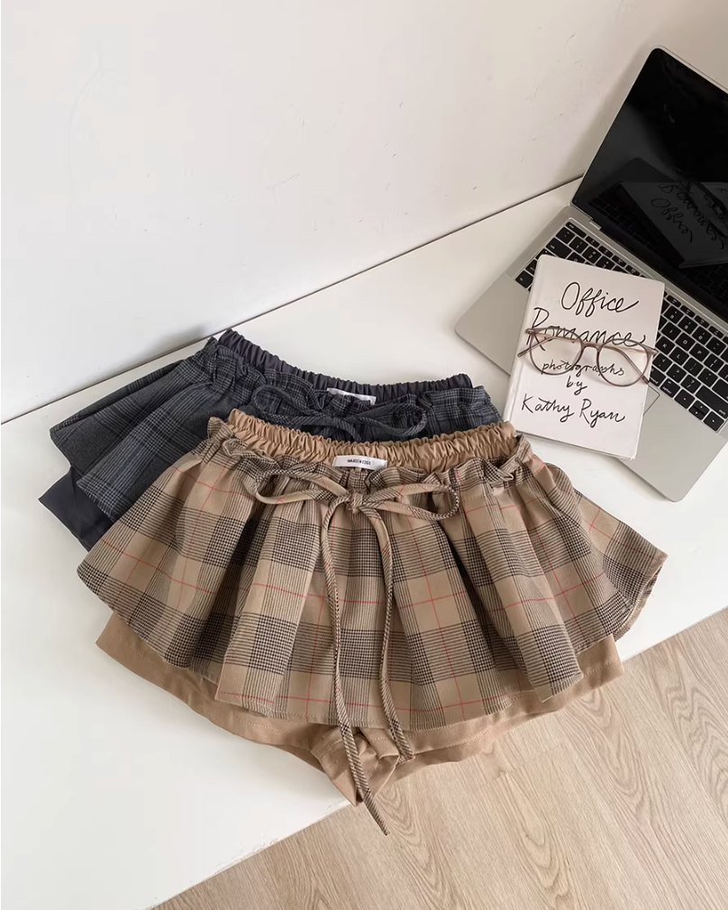 チェックプリーツレイヤードショートパンツ Mc772