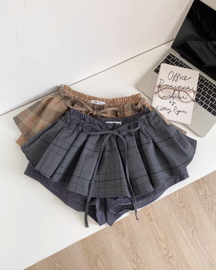 チェックプリーツレイヤードショートパンツ Mc772