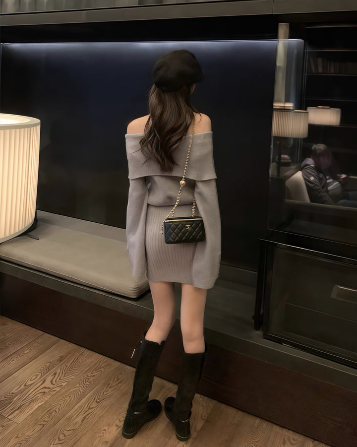 オフショルダーボタンタイトリブニットワンピース Mc 217