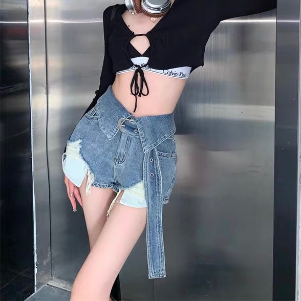 ベルトデザインカットオフデニムパンツ Mc 496