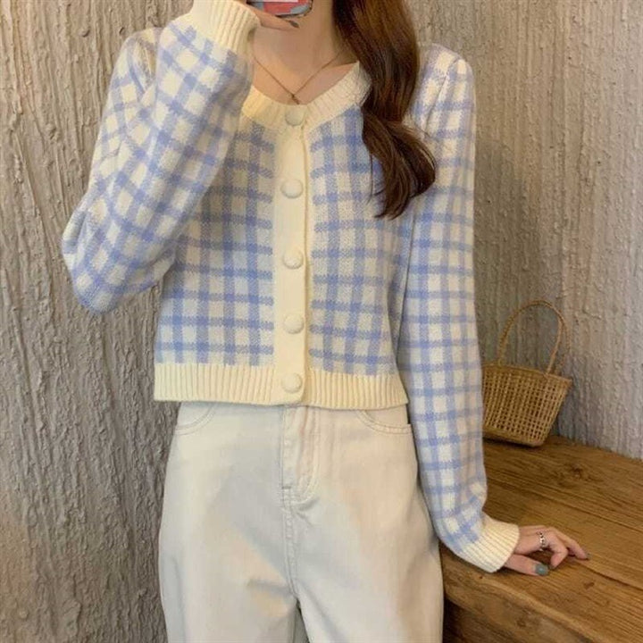 チェック柄ショート丈ニットカーディガン Mc 335