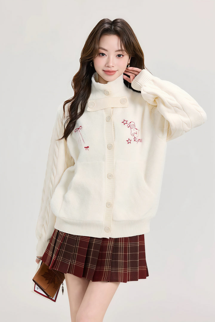 刺繍ハイネックケーブルニットカーディガン　Mc 543