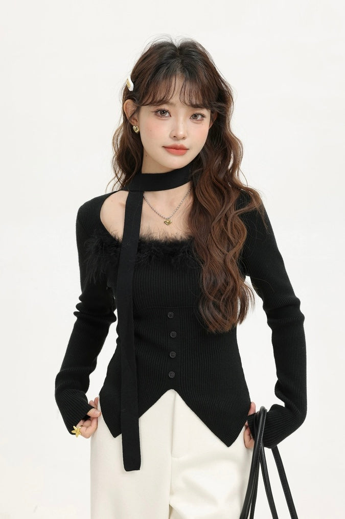 スカーフ付きシフォンニットトップス Mc 357