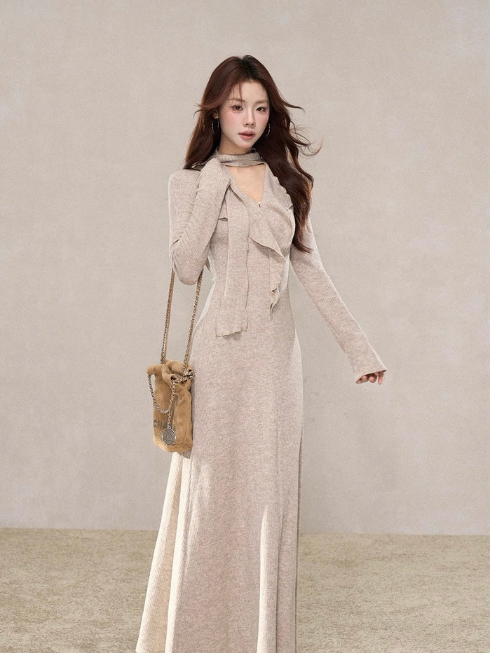 ラッフルスカーフデザインロングワンピース　Mc 580