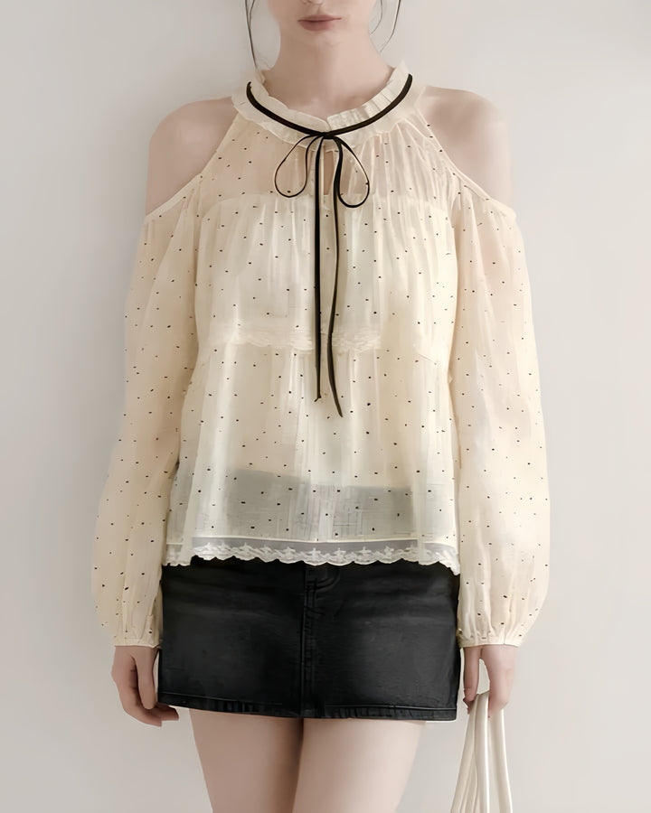ドットチュールオフショルリボンブラウス Mc 804