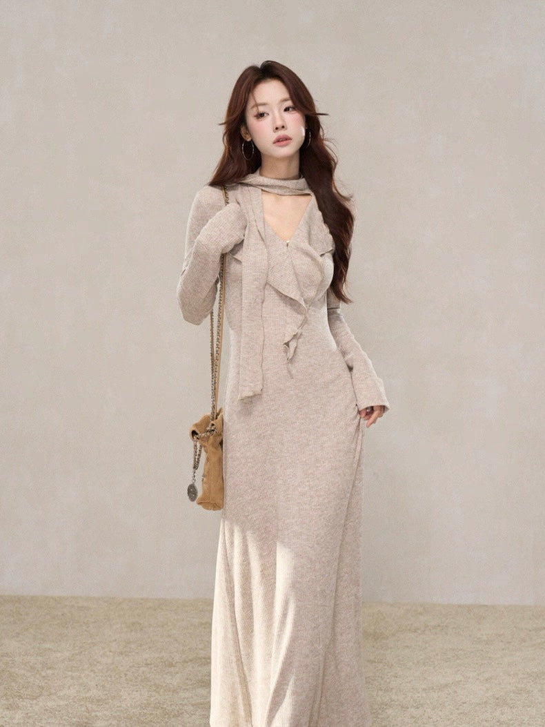 ラッフルスカーフデザインロングワンピース　Mc 580