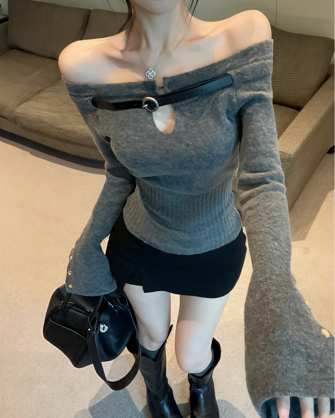 オフショルベルトスリムニットトップス Mc 291