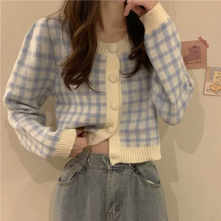 チェック柄ショート丈ニットカーディガン Mc 335
