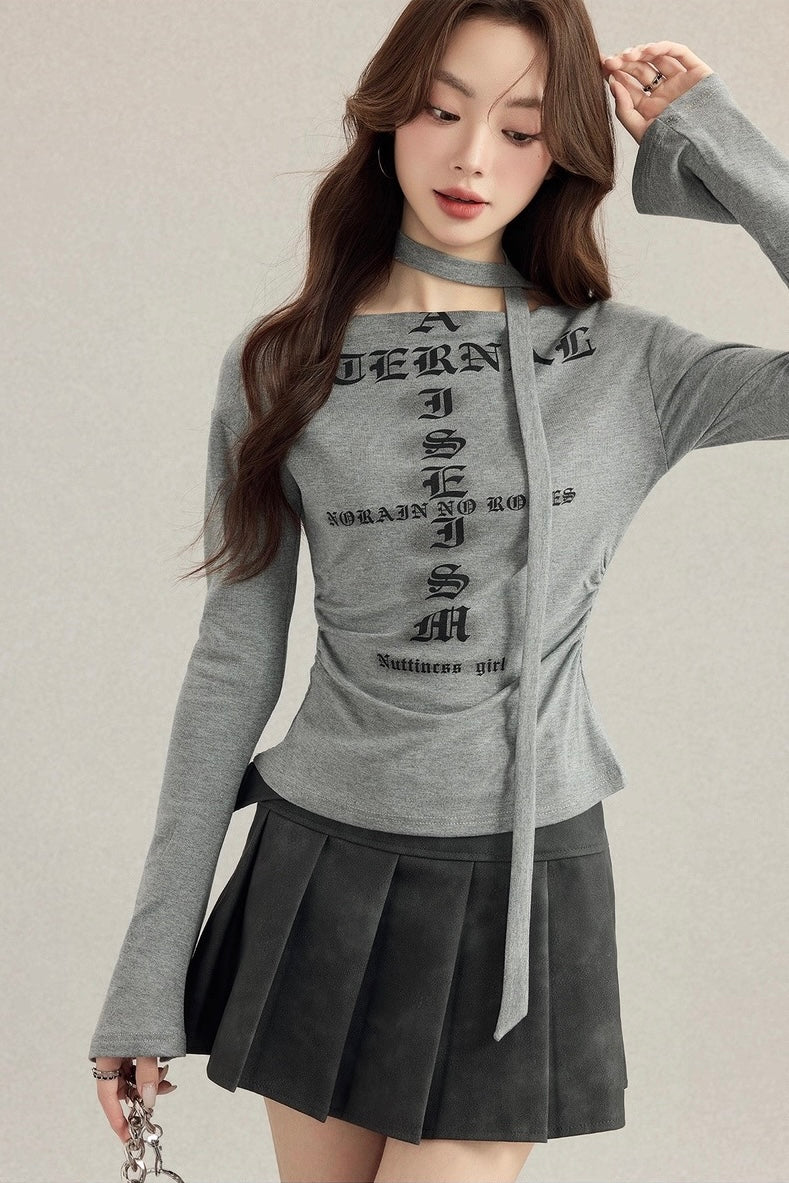 ブラックレターネックストラップTシャツ Mc 531