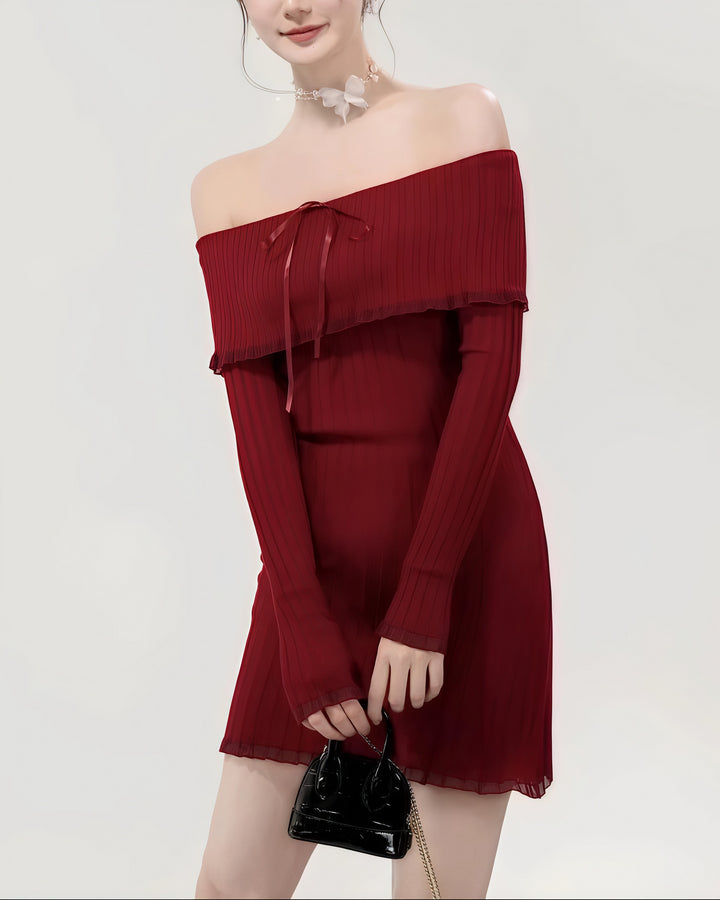 リボンオフショルシフォンリブワンピース Mc 617