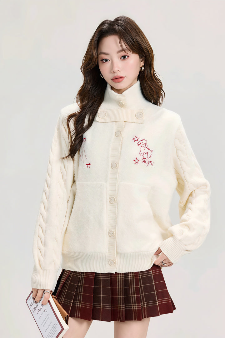 刺繍ハイネックケーブルニットカーディガン　Mc 543