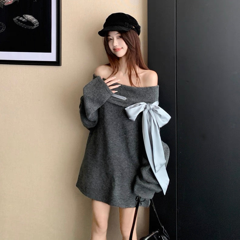 BIGリボンオフショルニットワンピース Mc 552