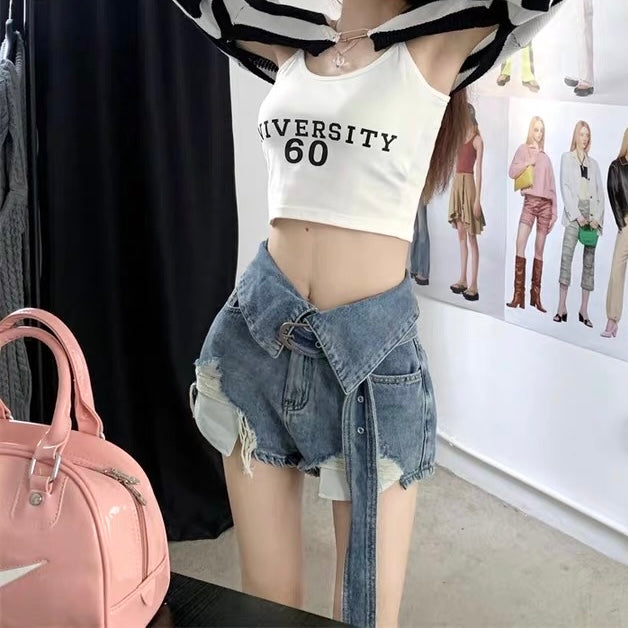 ベルトデザインカットオフデニムパンツ Mc 496