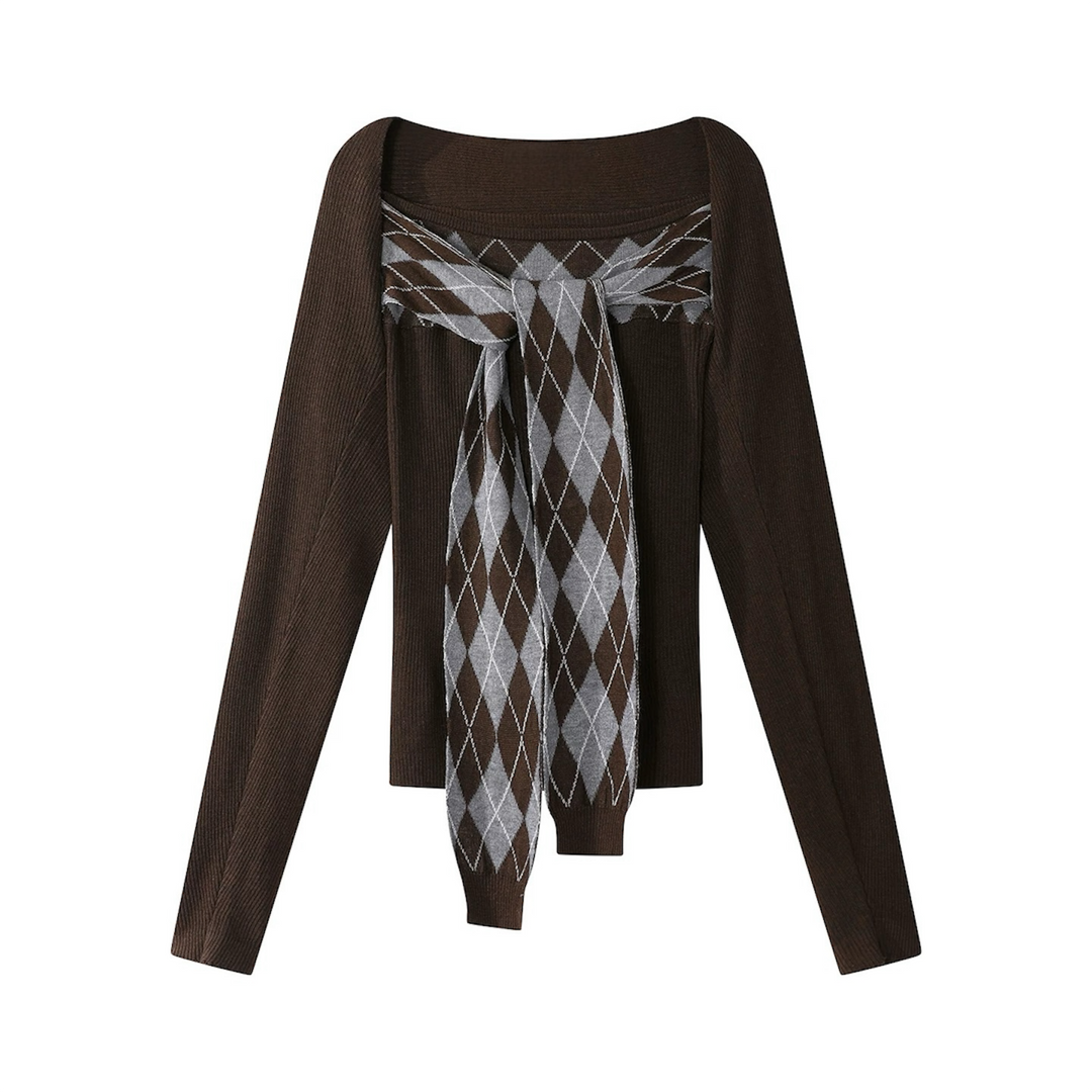 リボンアーガイルトップス×カーデニットセット Mc 613