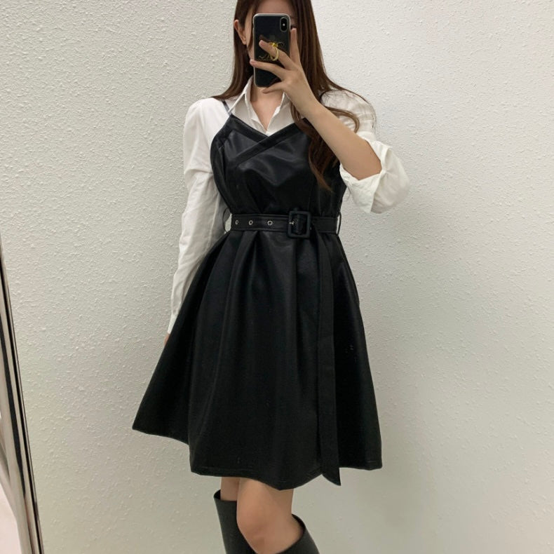 ベルト付きレザーキャミワンピース×シャツSET Mc 235