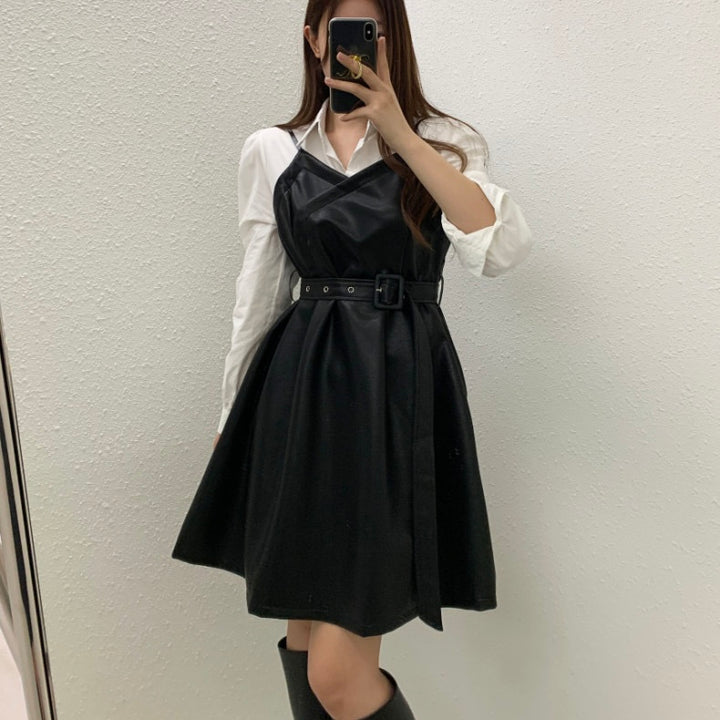 ベルト付きレザーキャミワンピース×シャツSET Mc 235
