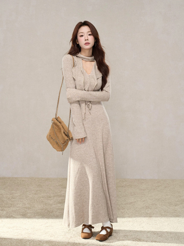 ラッフルスカーフデザインロングワンピース　Mc 580