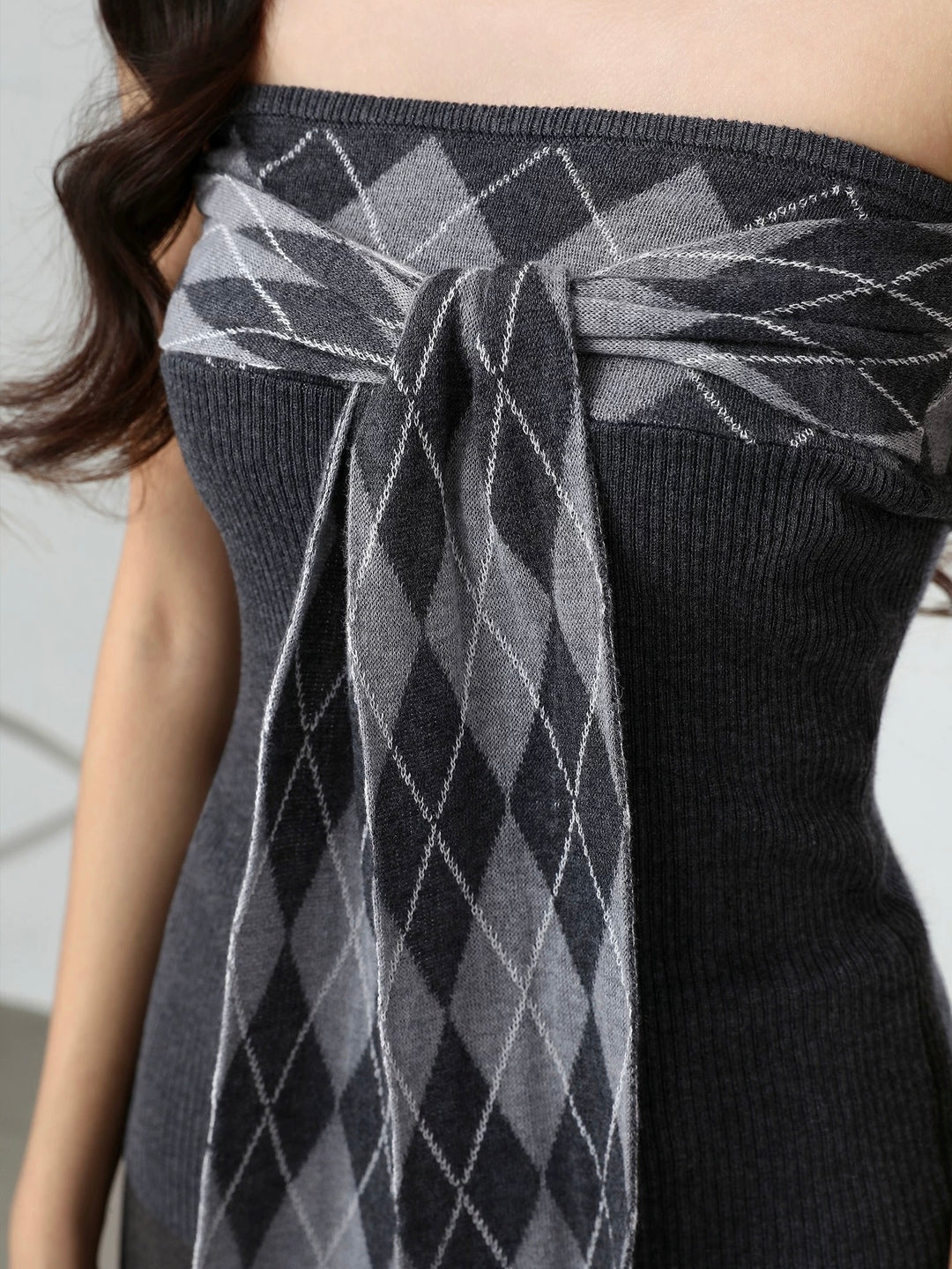 リボンアーガイルトップス×カーデニットセット Mc 613