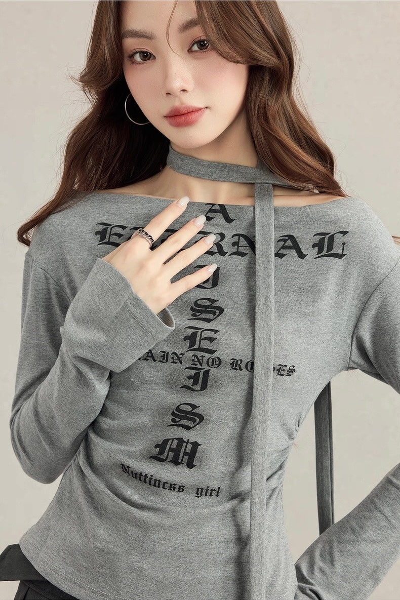 ブラックレターネックストラップTシャツ Mc 531