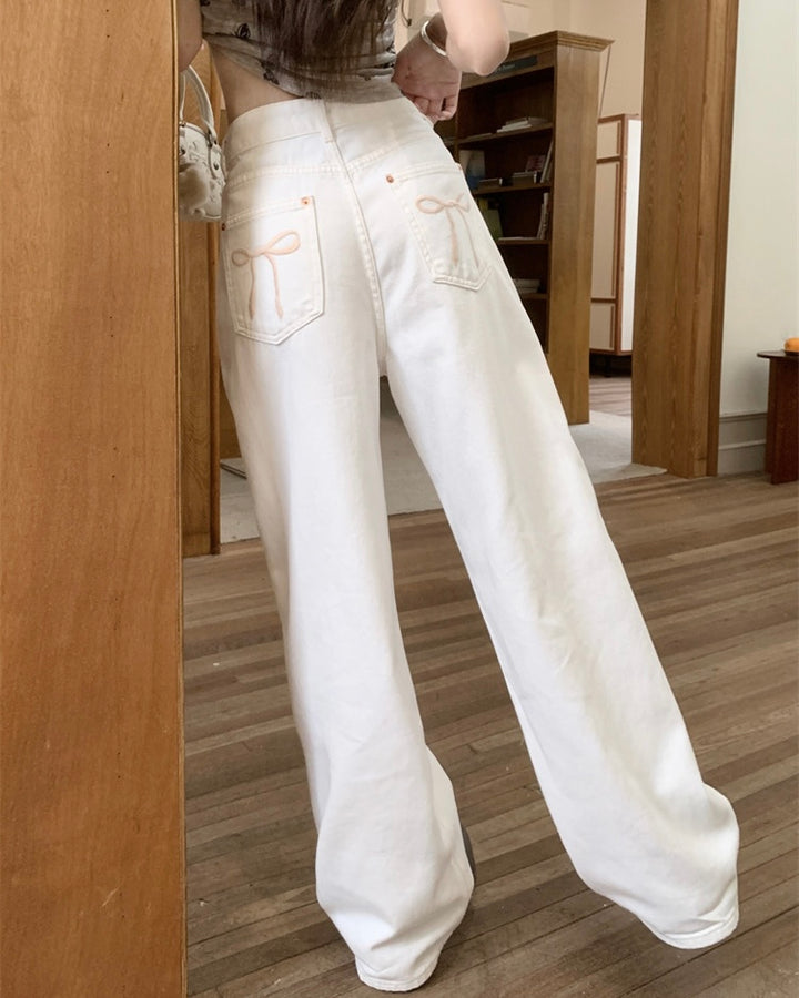 バックリボン刺繍ハイウエストワイドパンツ Mc 327