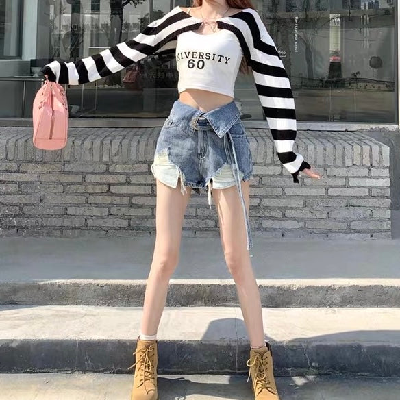 ベルトデザインカットオフデニムパンツ Mc 496