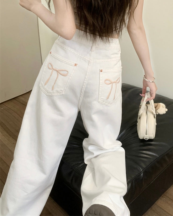バックリボン刺繍ハイウエストワイドパンツ Mc 327