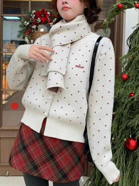 ドット柄マフラーコンビニットカーディガン Mc 660