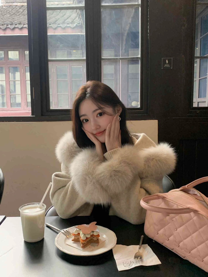 ベルト付きフードファーウールコート Mc 594