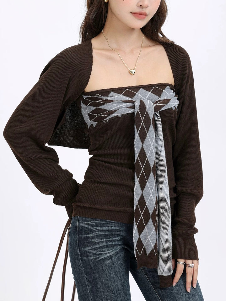 リボンアーガイルトップス×カーデニットセット Mc 613