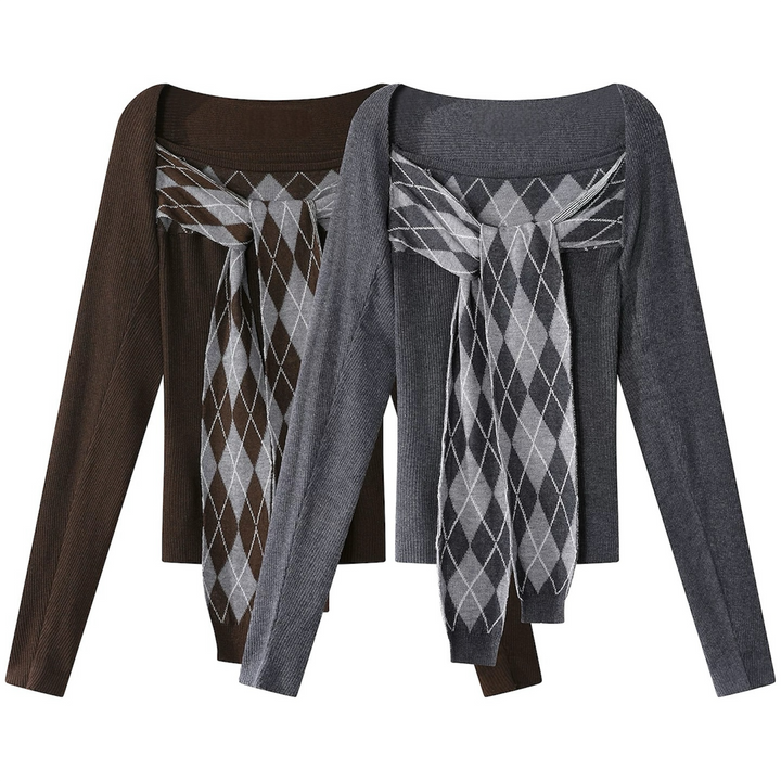 リボンアーガイルトップス×カーデニットセット Mc 613