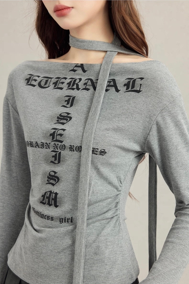 ブラックレターネックストラップTシャツ Mc 531