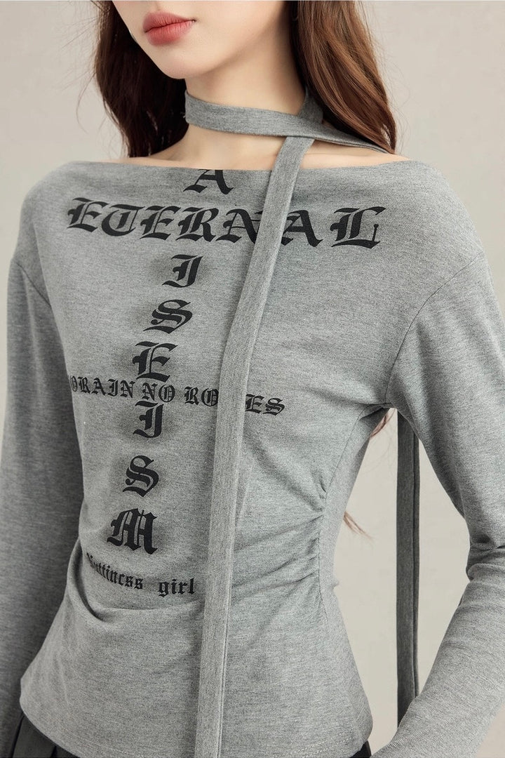 ブラックレターネックストラップTシャツ Mc 531