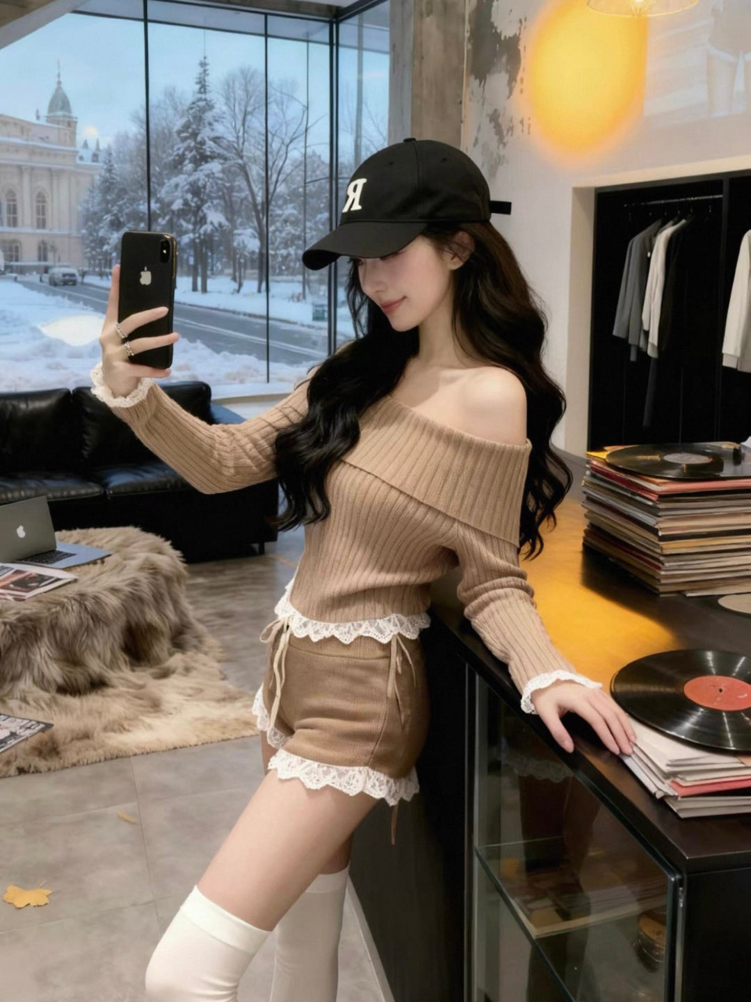 オフショルレースリブニットセットアップ Mc 651