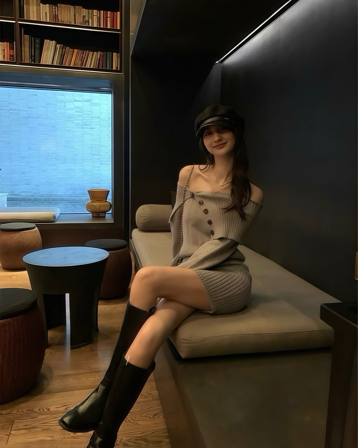 オフショルダーボタンタイトリブニットワンピース Mc 217