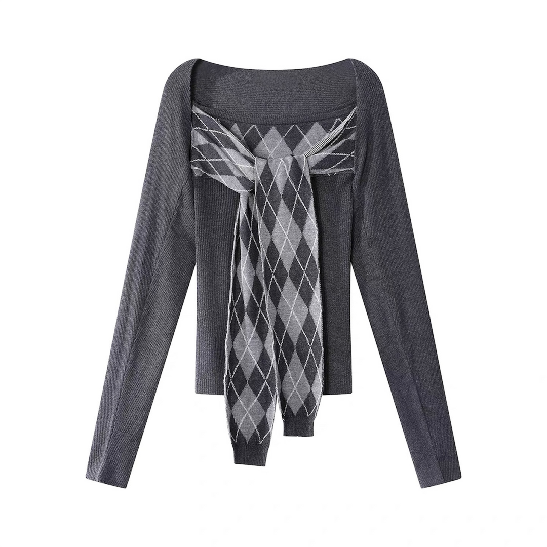 リボンアーガイルトップス×カーデニットセット Mc 613