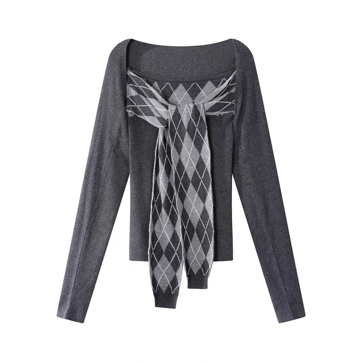 リボンアーガイルトップス×カーデニットセット Mc 613