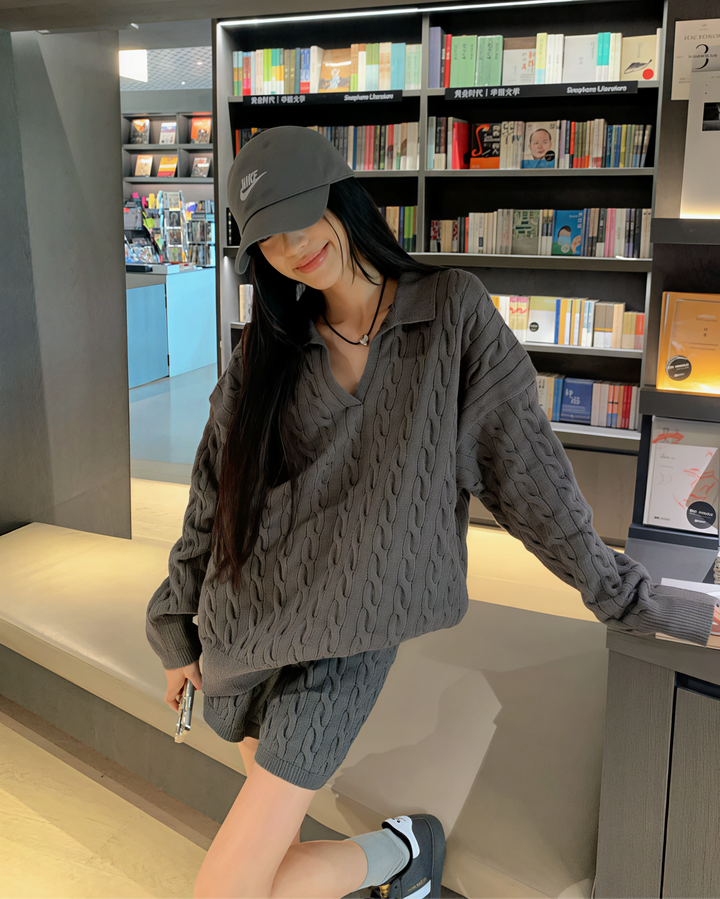 ポロ襟ツイストニット×ショートパンツセットアップ Mc 208