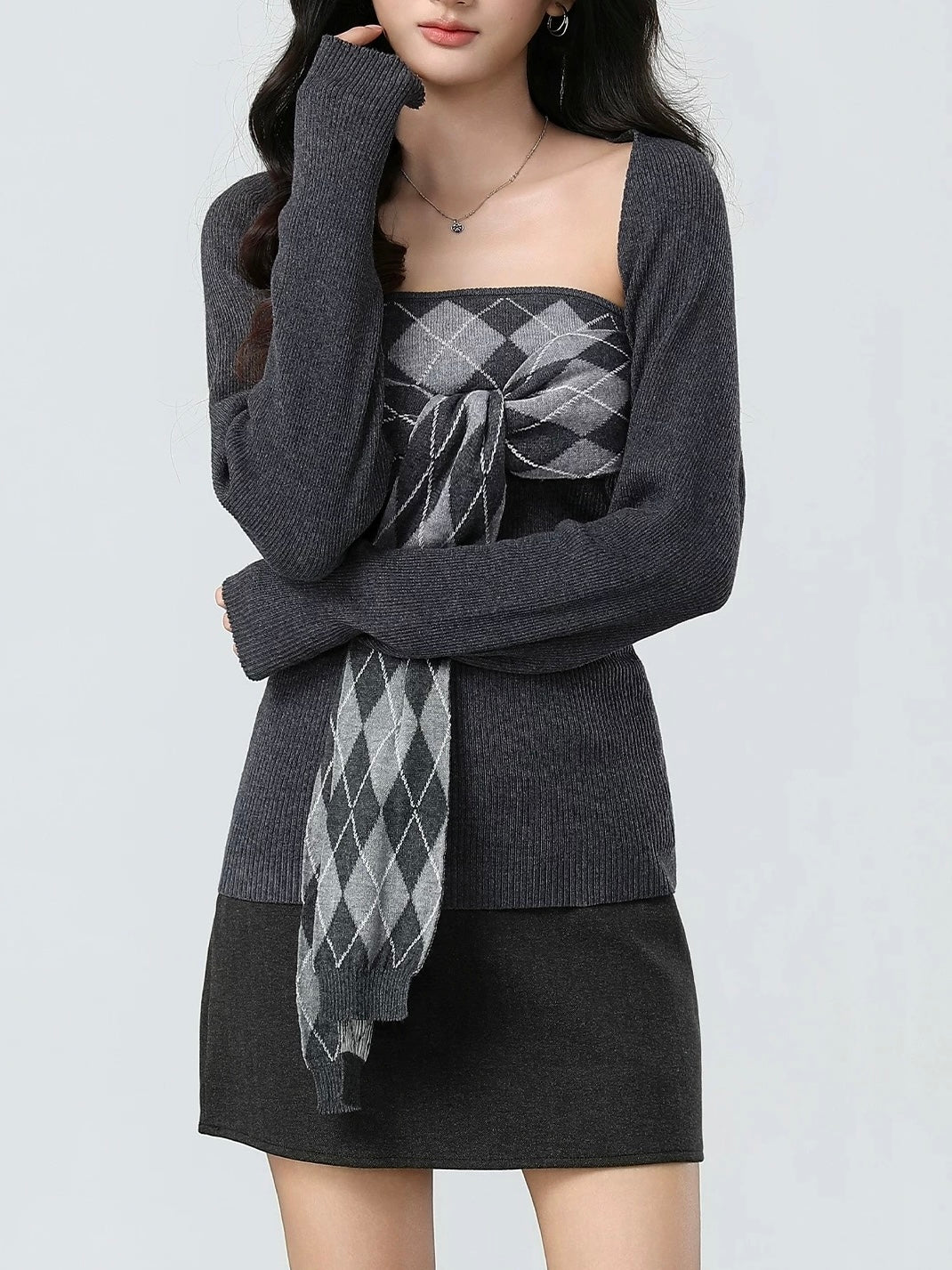 リボンアーガイルトップス×カーデニットセット Mc 613