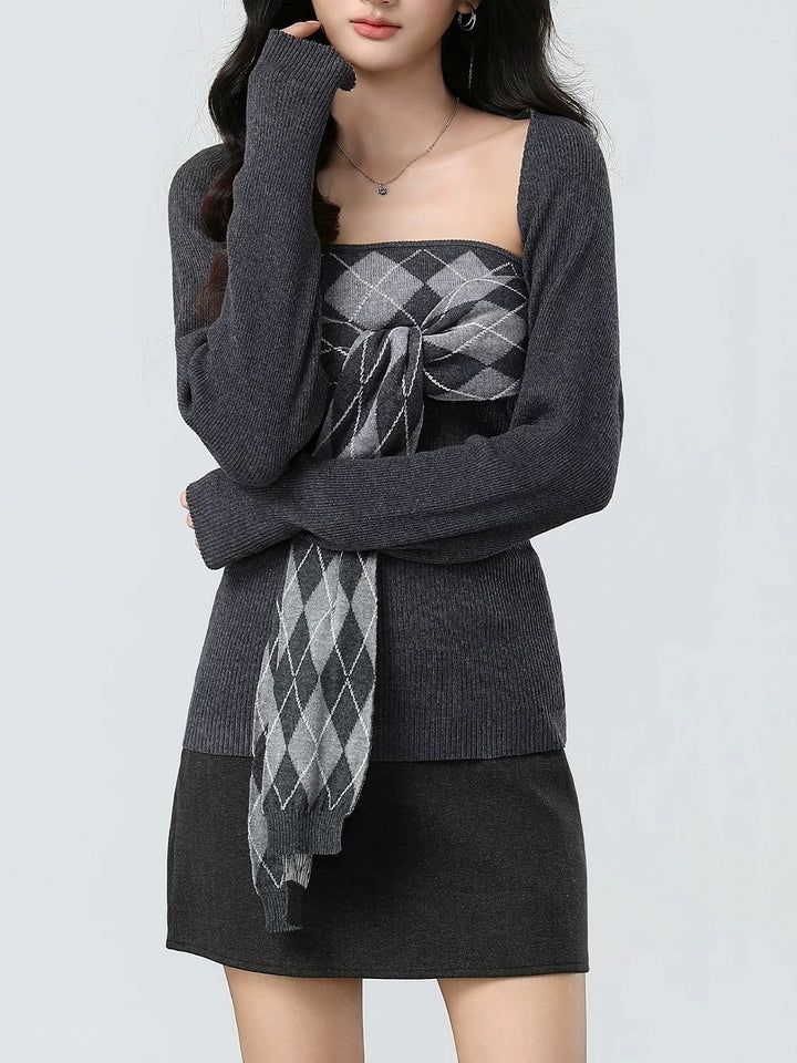 リボンアーガイルトップス×カーデニットセット Mc 613