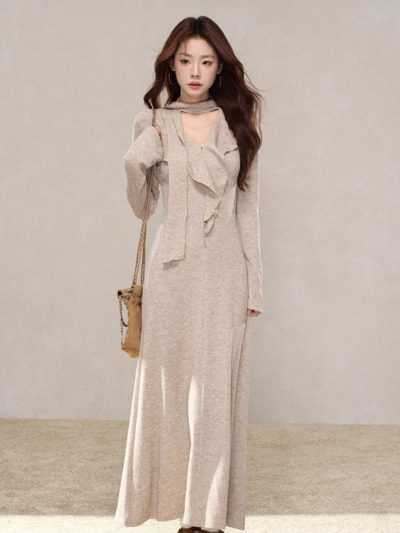 ラッフルスカーフデザインロングワンピース　Mc 580