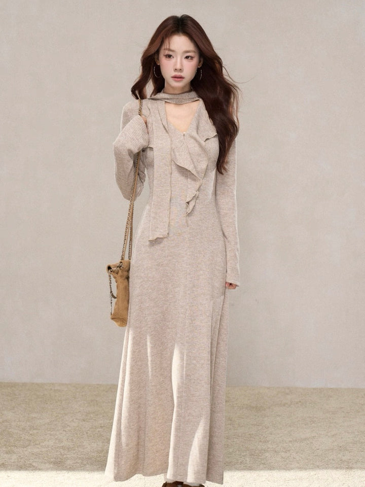 ラッフルスカーフデザインロングワンピース　Mc 580