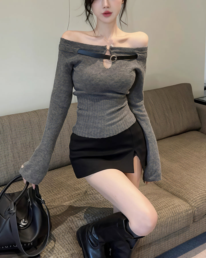 オフショルベルトスリムニットトップス Mc 291