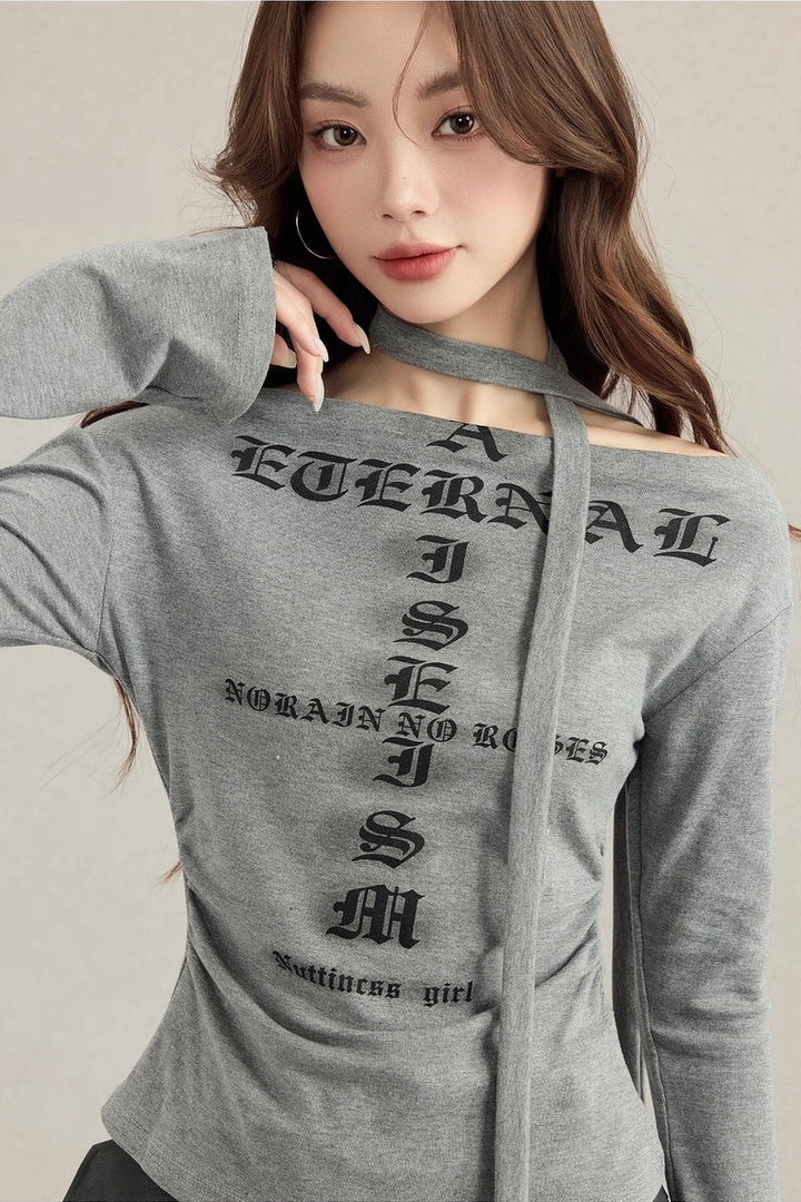 ブラックレターネックストラップTシャツ Mc 531