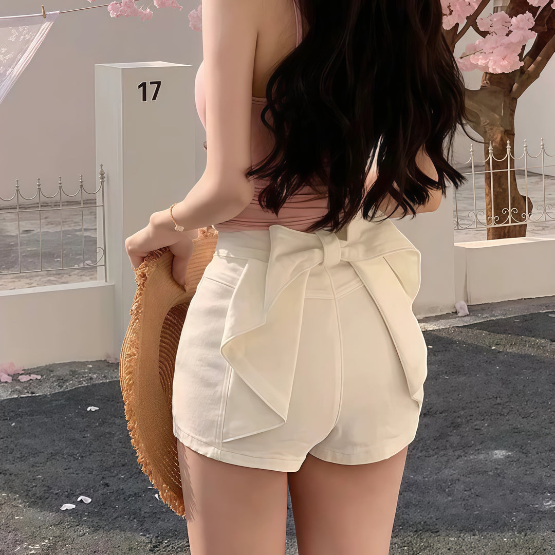 バックリボンドレープデニムショートパンツ　Mc 449