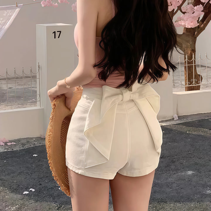 バックリボンドレープデニムショートパンツ　Mc 449